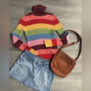 Y2K Rainbow Stripe Turtleneck Sweater M | Retro Indie Dopamine Knit